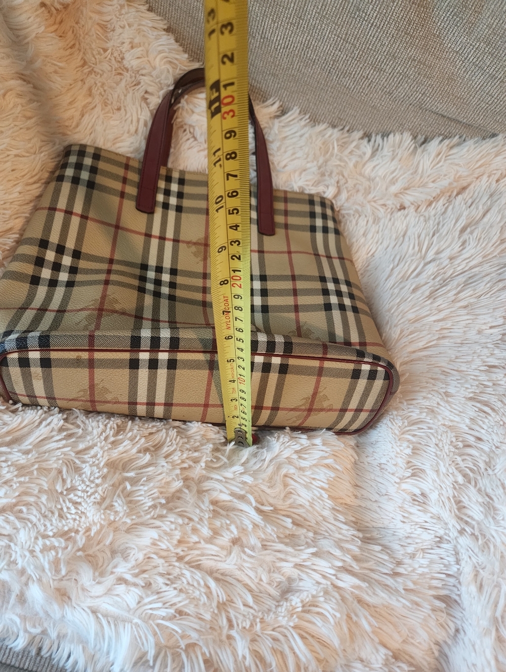 Classic Check Canvas Tote Bag with Burgundy Handles - Picture 5 of 11